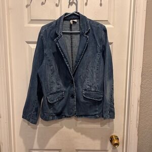 St Johns Bay Women's Denim Blazer Jacket Blue 1X Cotton Stretch Fitted Cottage